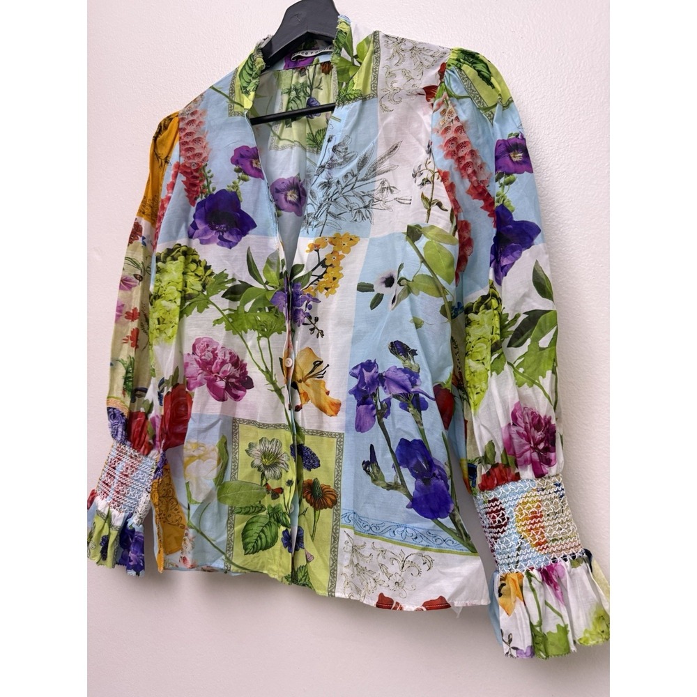 Alice + Olivia Ilan Smocked-Sleeve Button-Front Blouse Top Silk Blend Small - Picture 5 of 9